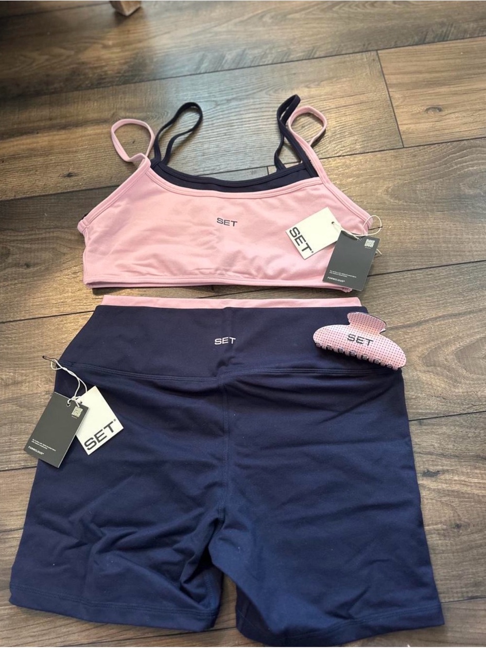 SET Active Pink & Navy Two-Piece Performance Crop Top and High-Waist Shorts